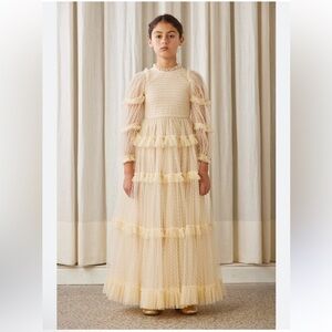 Petite Amalie Cream Tulle Pleated Frill Dress maxi size 10 long sleeve Swiss dot